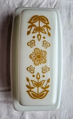 Pyrex Butterfly Gold Corelle Covered Butter Dish Stick Milk Glass FLAWED Vintage