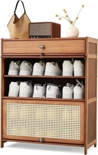 MoNiBloom 4-Tier Bamboo Shoe Cabinet with Drawer, Freestanding 4-Tier, Brown 