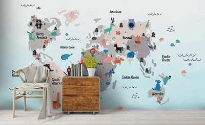 3D Animal World Map Wall Murals Wallpaper Murals Wall Sticker