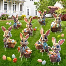 Large Easter Yard Signs 8pcs with Stakes Cute Easter Eggs Bunny Garden Decoratio