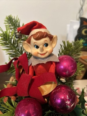 Vtg Christmas Elf Pixie Knee Hugger Holiday Red Flocked Berries Cornucopia Decor