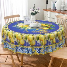 Blue and Yellow Lemon Round Tablecloth 70 Inch Italian Lemon Flower Summer Ta...