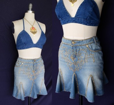 VERSACE Jeans Couture stud embellished denim jean dress skirt godet mermaid 40