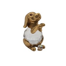 Vintage Gold-tone Sitting Puppy With Crystal Boady Paperweight Prism Figurine