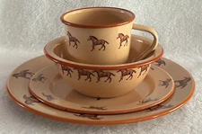 1950s Marble Canyon 4 Piece Enamel Ware Set: Dinner & Salad Plate, Bowl, & Mug