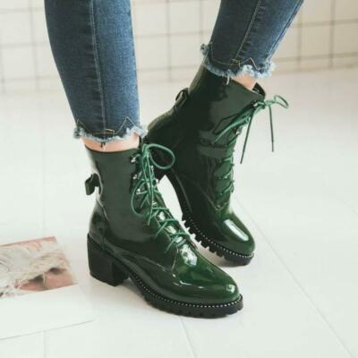 Ankle Boots Patent Combat Style Boots Women Chunky Heel Lace Up