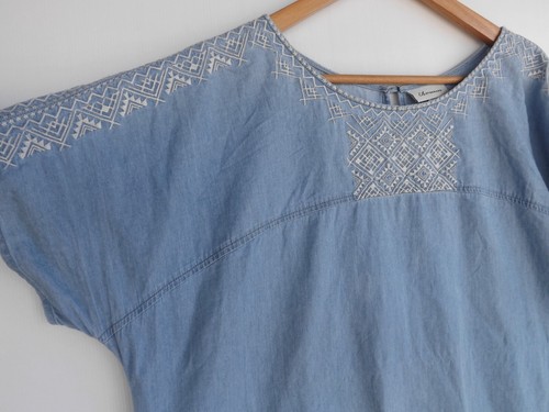 Autograph Dress 16 Womens Blue White Denim Look Embroidered Shift Pockets Cotton - Picture 2 of 10