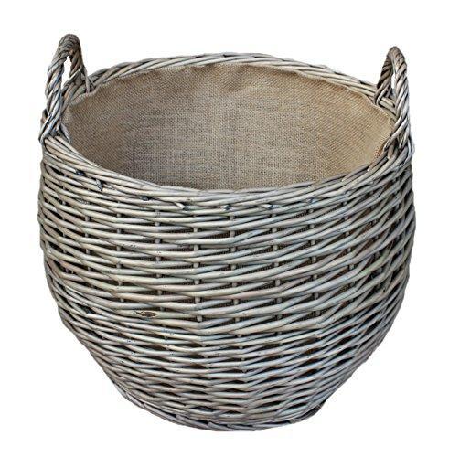 Small Wicker Willow Stumpy Log Basket Holder Hessian Lined Antique Wash