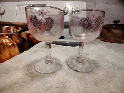 antique vintage bohemian Wine glass set - Pink Glass hand painted Flowers?  | eBay