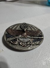 NRA 2ND AMENDMENT BELT BUCKLE EAGLE, FLAG  RIFLE VINTAGE 1995 BERGAMOT PEWTER