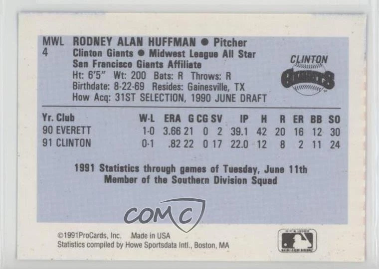 1991 ProCards Midwest League All Star Game Rod Huffman #MWL4 - Image 2 of 2