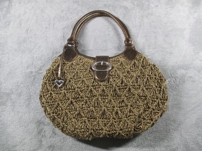 Brighton Satchel Shoulder Bag Womens Medium Brown Straw Leather Heart Charm Boho