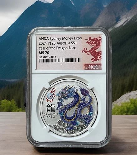 2024 Australia Lunar Dragon 1 oz Silver Colorized LILAC Coin NGC MS70