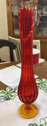 Fenton Amberina Red Yellow Thumbnail Swung Glass Vase 15.5 inch tall