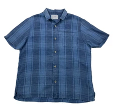 Folk Shirt Mens Medium Blue Check Linen Blend Short Sleeve Camp Collar Button Up