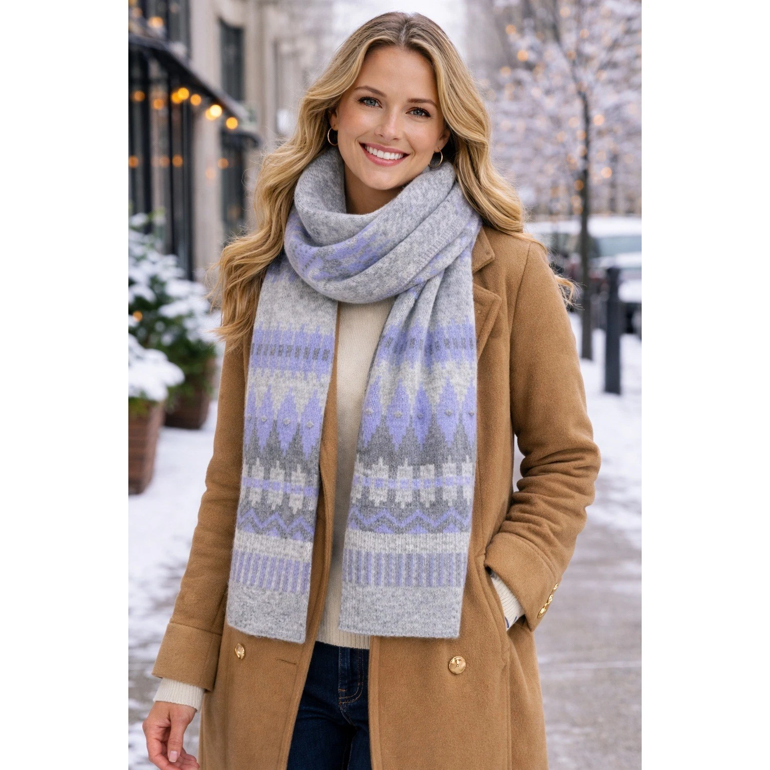 Banana Republic Fair Isle Scarf Grey Purple Alpaca Blend One Size NWT