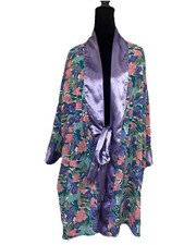 VTG 80s VICTORIA  S SECRET Gold Label Purple Floral Satin Short Kimono Robe OS