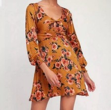 FREE PEOPLE Morning Light Marigold Floral Mini Dress Cut Out Long Sleeve Size 6