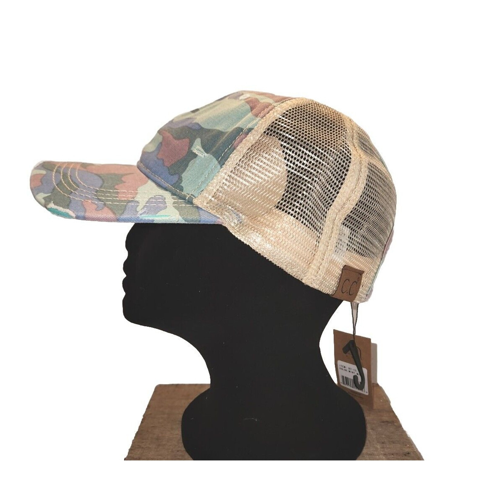 Cappello berretto C.C pony mimetico regolabile camionista coda di cavallo verde menta blu rosa