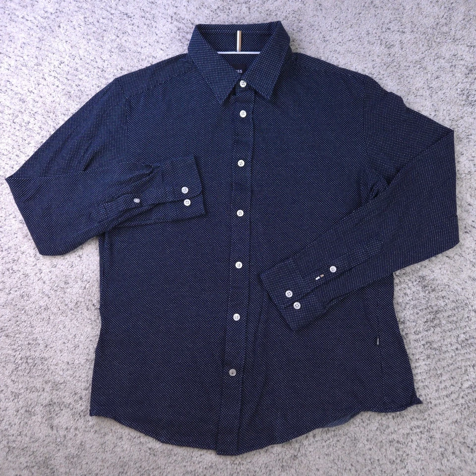 Camisa BOSS Para Hombres Mediana Calce Ajustado Abotonada Manga Larga Logo Roan Azul Marino Usada en Excelente Condición Foto 2 de 4