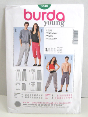 Burda Young 7230 Very Easy Casual Pants Misses' 6-20, Men's 34-48 Pattern Uncut