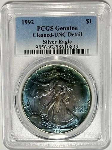 1992 American Silver Eagle PCGS UNC Detail 🌈 MONSTER RAINBOW TONER😱