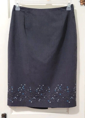 FLASH SALE! Ann Taylor LOFT EMBROIDERED Skirt 10 Medium Dark Gray Blue Lined Zip