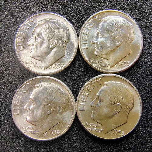 1957-1958 P & D Roosevelt Dimes - Philadelphia & Denver - 90% Silver - BU Toned