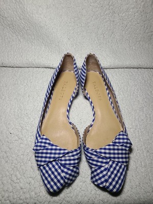 Talbots Blue White Gingham Bow D'Orsay Flats Womens Size 7M Pointed Toe Leather