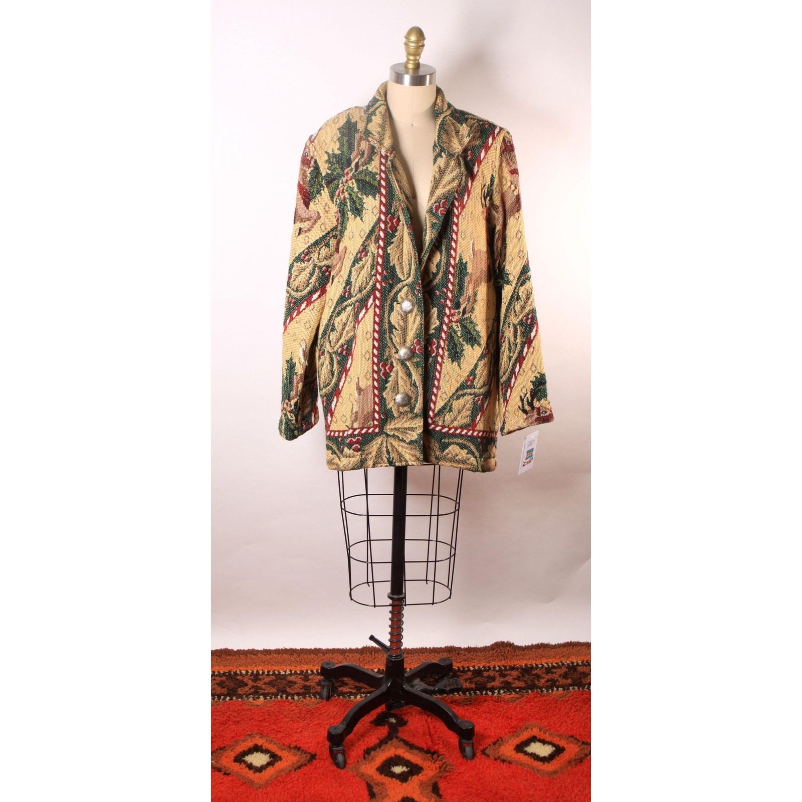 1980s 1990s Tan Red Green Novelty Deer Christmas Tapestry Jacket by Painted Pony