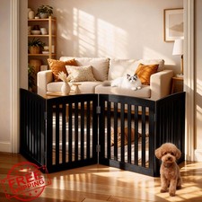 DUMOS Black Wooden Dog Gate 24" 4 Panels Foldable Freestanding