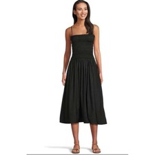 Well Worn Women's S Black Smocked Bodice Midi Poplin 100% Cotton Dress