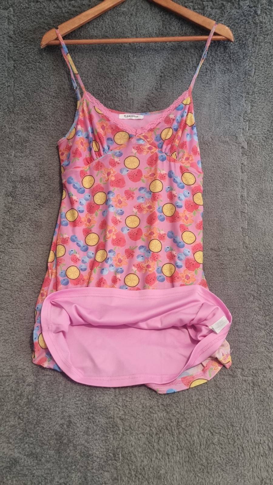 Pink Fruit Print Cami Mini Dress UK 14 Lace Trim Holiday Y2K Style Lined image 4