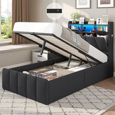 3Ft Single Ottoman Storage Bed with LED Lights, USB Charging & Wooden Slats – 90
