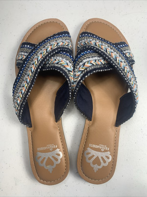 Fergalicious 'Starlit' Navy Beaded Fabric Casual Slide Sandals 6.5M