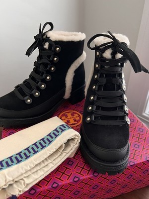 TORY BURCH Cooper Suede Sheep Fur Lace Up Booties BLAck 6