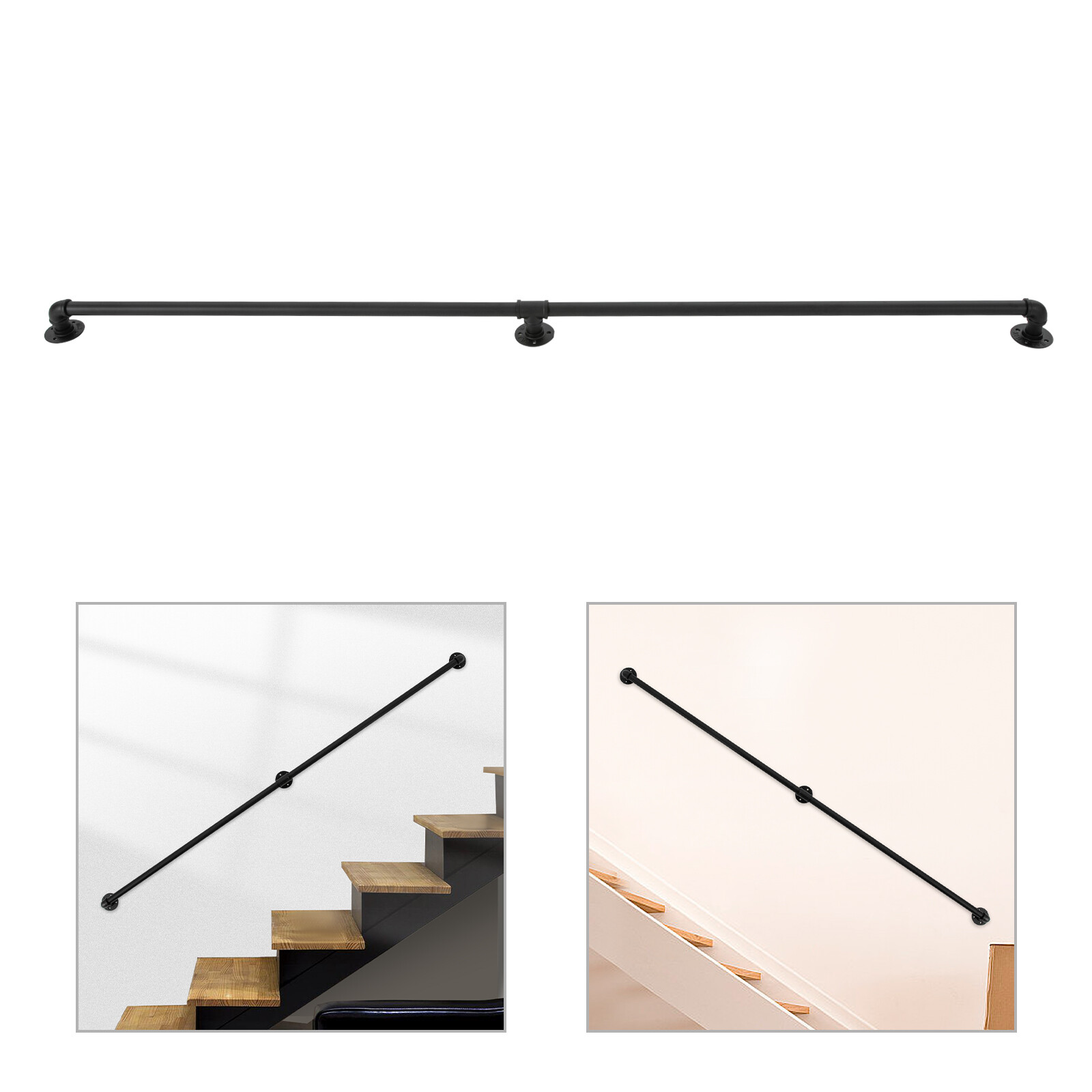 7 Ft for In/Outdoor Black Modern Handrail Stair Railing Hand Rail Wall-mounted