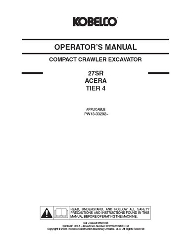 Kobelco 27SR Acera Tier 4 Excavadora Servicio, Piezas y Manual de Operador - Imagen 3 de 7
