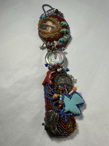 Vintage Southwest Hand Beaded Buckskin Watch Band Watch Turquoise Coral Silver
