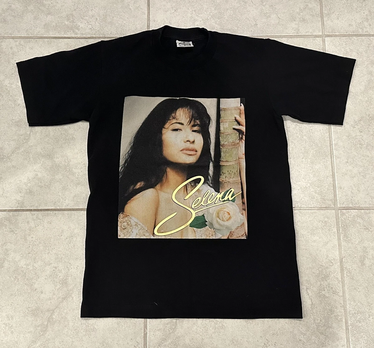 Vintage Selena Quintanilla Logo Face Band Rose Rap Tee Shirt Rare Black Medium