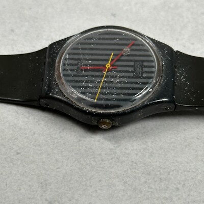 たかは　Swatch 1985 pinstripe稼働 VTG Swatch Watch Mens 33mm Black Striped Dial Round 1985 New