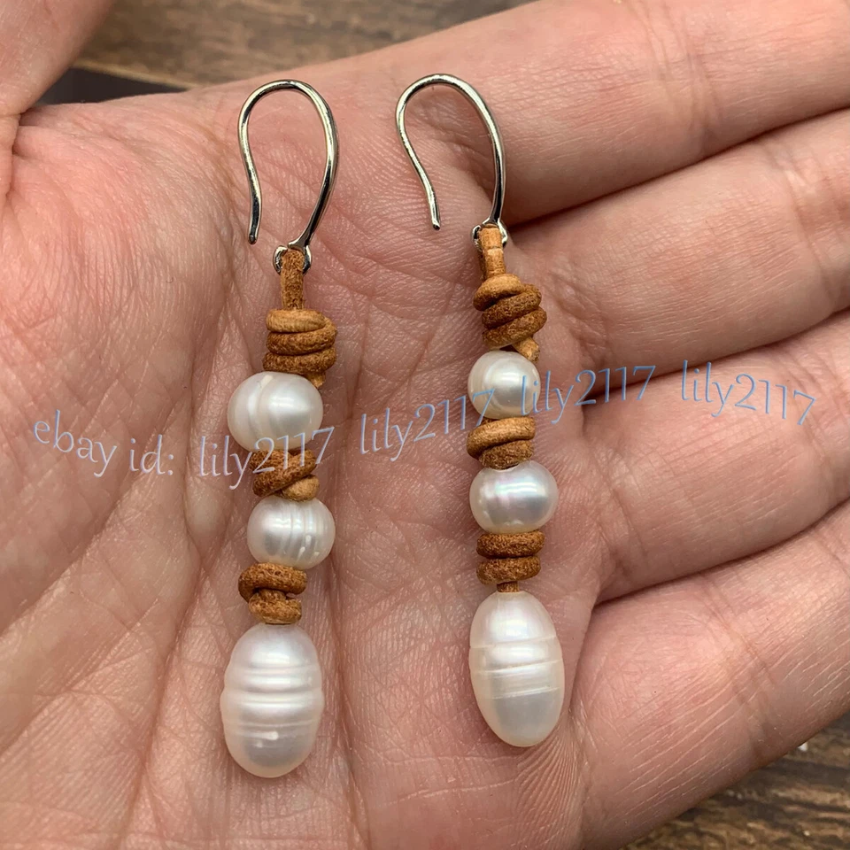 Pendientes de gancho de plata con cuerda de cuero natural de 9-10 mm con perlas blancas de agua dulce Foto 4 de 4