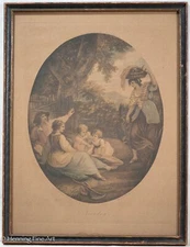 Beautiful Antique Oval Engraving of French Family Farm Landscape, Framed