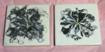 Abstract Art Fluid Acrylic Black White Flower I Coasters Cork Back Epoxy Coating