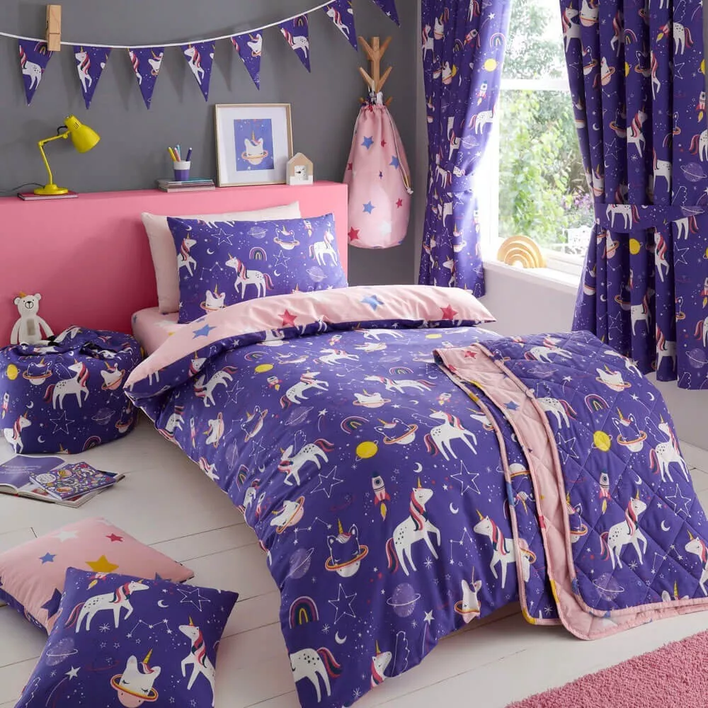 Space Unicorn Duvet Set with Pillowcase Toddler Size 120 x 150 cm Purple Br