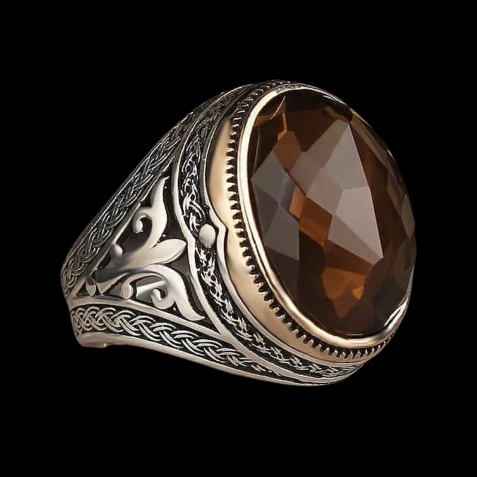 男式烟熏石英戒指 925 纯银土耳其珠宝尺寸 7-15 — 第 2/4 张图片