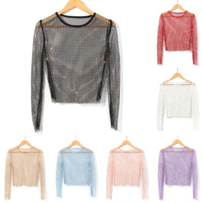 Hot Lady Fishnet Tops T Shirt Tee Long Sleeve Rhinestone Sheer Club Party Top