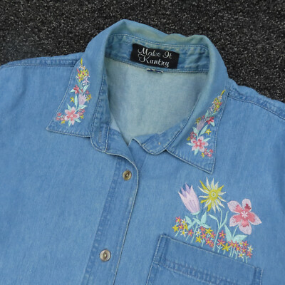 Vintage Denim Shirt Womens Medium Blue Button Up Embroidered