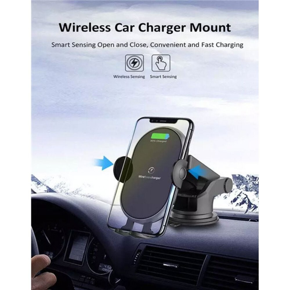 10W Fast Wireless Car Charger Mount for Windshield or Dashboard - Black