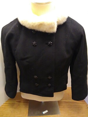 Tiny Marcus Black Wool Double Breasted Jacket, White Fur Collar, Glass Buttons